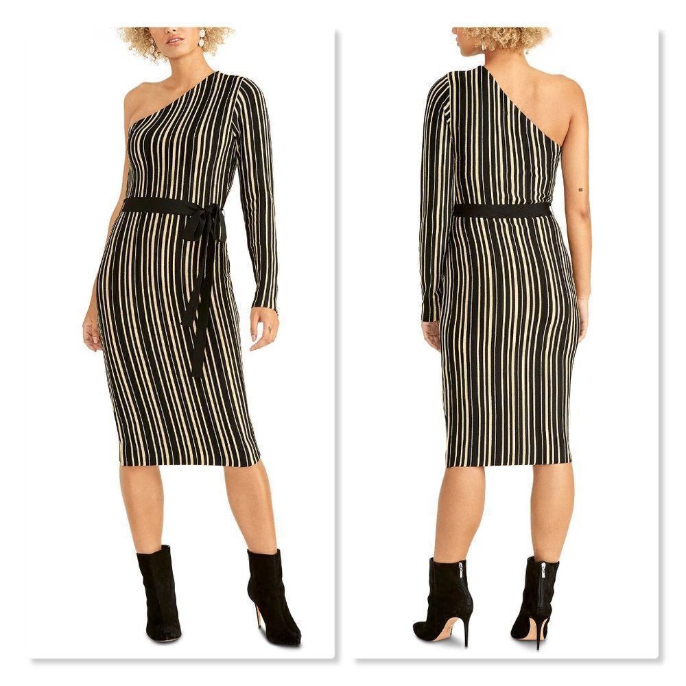 Rachel Roy Metallic Striped One-Shoulder Sweater Dress size Medium in Black/Gold